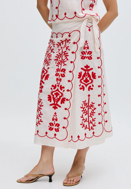 White Cross-Stitch Wrap Midi Skirt