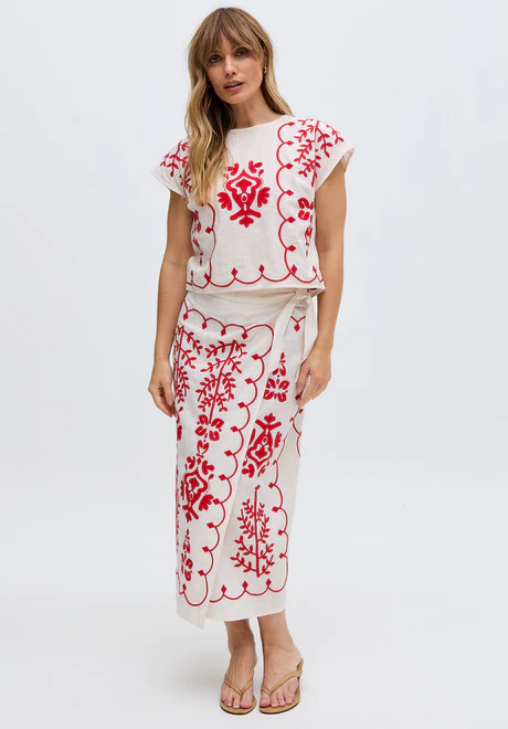 White Cross-Stitch Wrap Midi Skirt