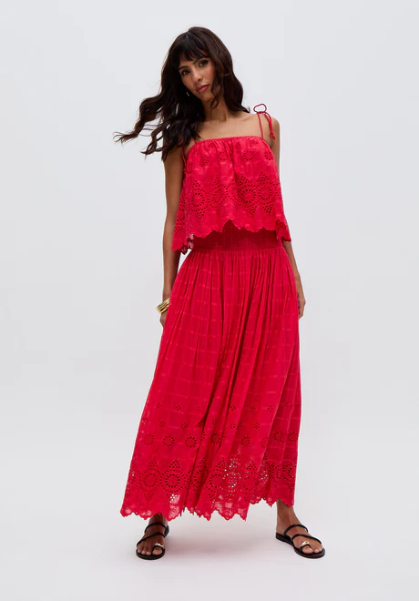 Red Embroidered Skirt with Delicate Straps