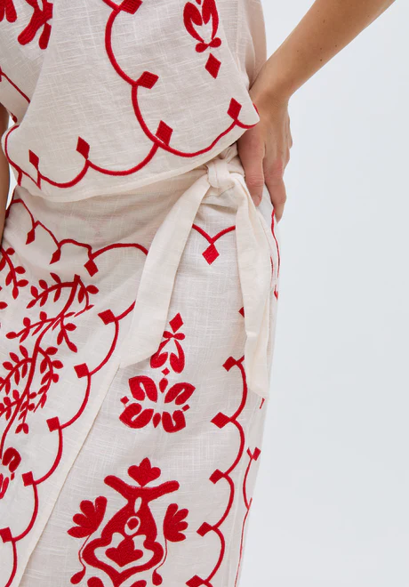 White Cross-Stitch Wrap Midi Skirt