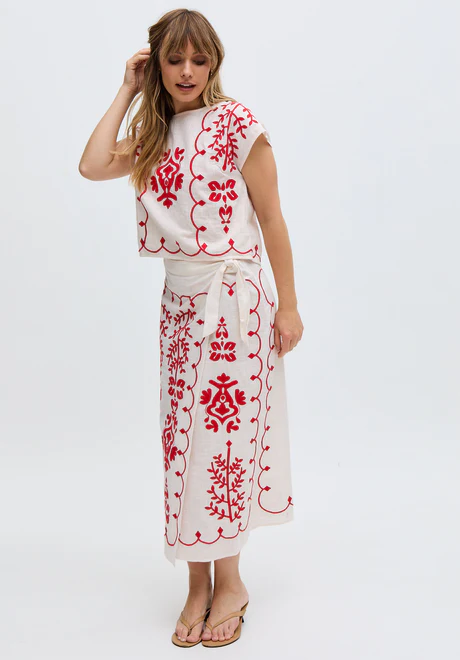 White Cross-Stitch Wrap Midi Skirt