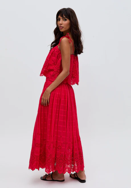 Red Embroidered Skirt with Delicate Straps