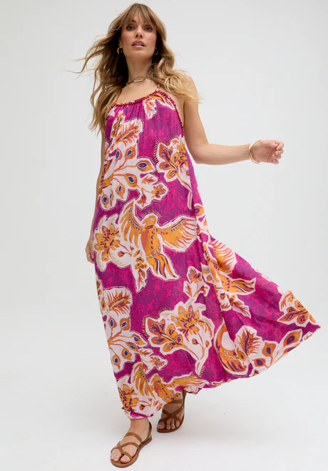 Multi-Color Botanical Print Maxi Dress with Delicate Straps