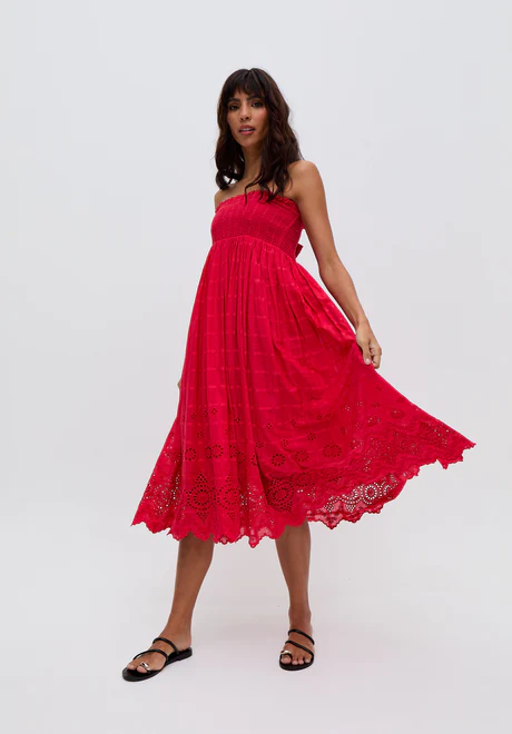 Red Embroidered Skirt with Delicate Straps